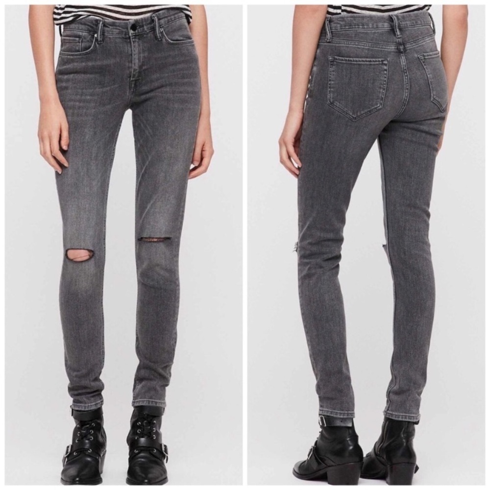 All Saints Black and Gray Skinny Jeans Distressed Knee
